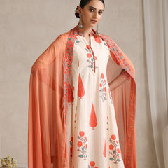 Women elegant White Anarkali Kurta with Coral Prints, Palazzos & Dupatta