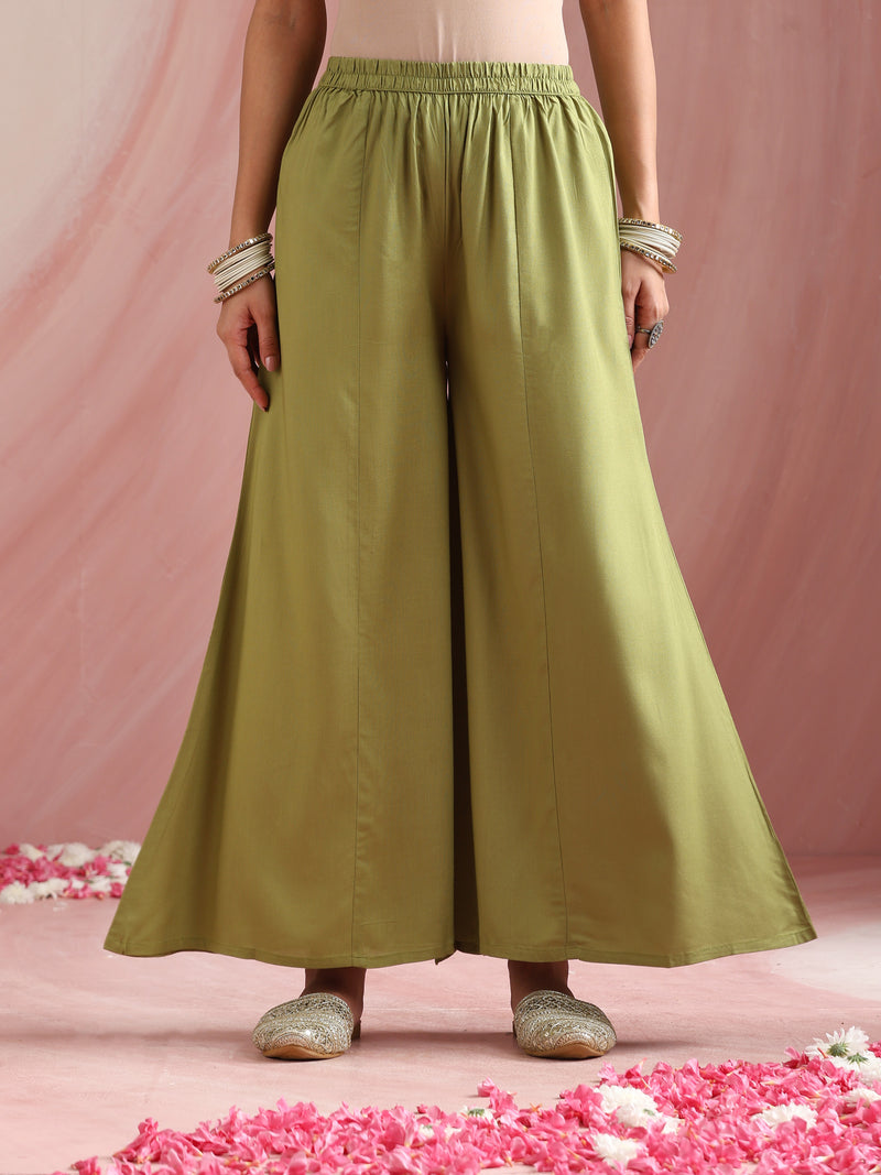 Ethnic Motifs Printed Round Neck Thread Work Kurta With Palazzos & Dupatta