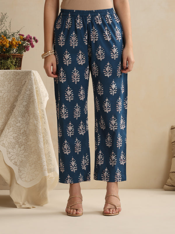 Khushal K Women Floral Printed Regular Pure Cotton Blue Kurta & Palazzo With Dupatta