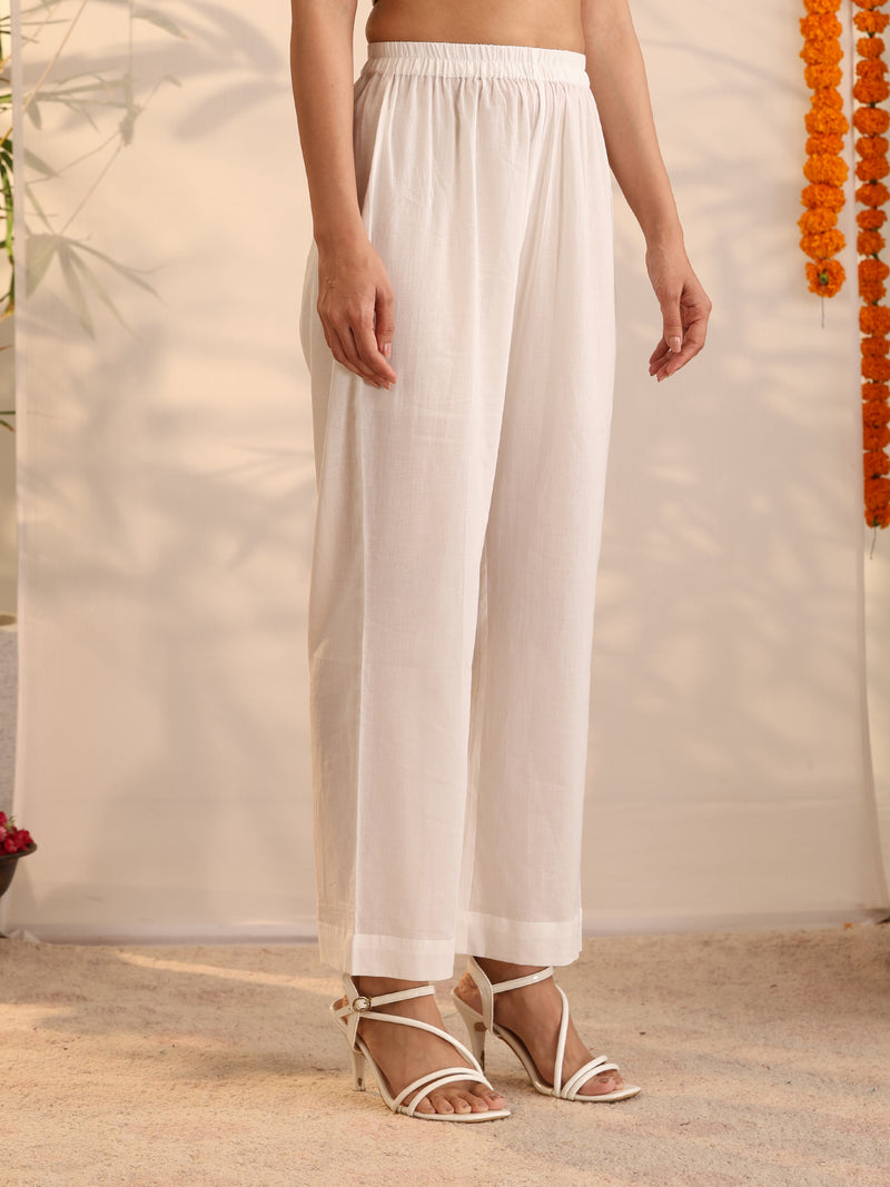 Khushal K Women Cotton Kurta and Palazzo With Dupatta Set - White