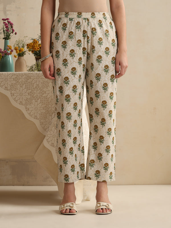 Khushal K Women Floral Printed Regular Pure Cotton Cream Kurta & Palazzo With Dupatta