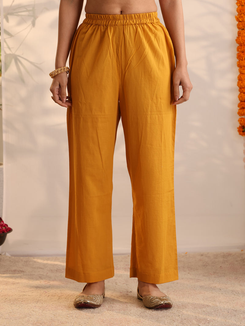 Khushal K Women Cotton Kurta and Palazzo With Dupatta Set - Mustard