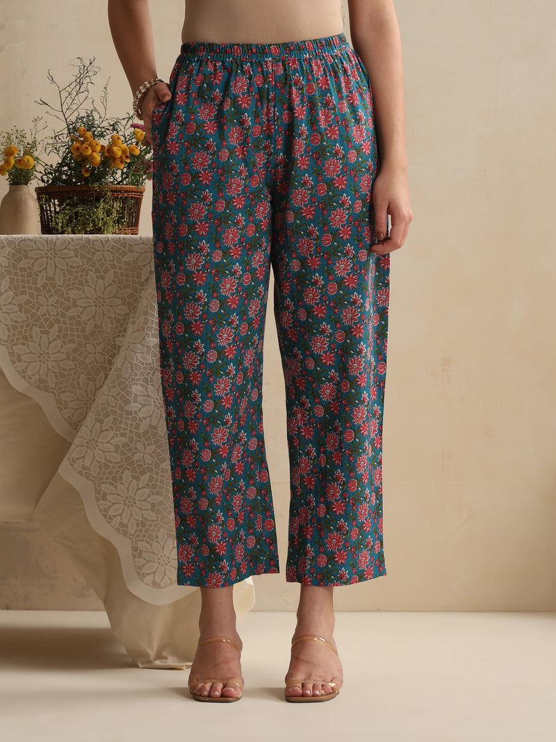 Khushal K Women Floral Printed Regular Pure Cotton Blue Kurta & Palazzo With Dupatta