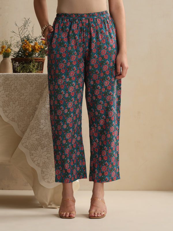 Khushal K Women Floral Printed Regular Pure Cotton Blue Kurta & Palazzo With Dupatta