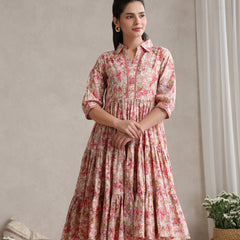 Women Floral Print Puff Sleeve A-Line Midi Dress