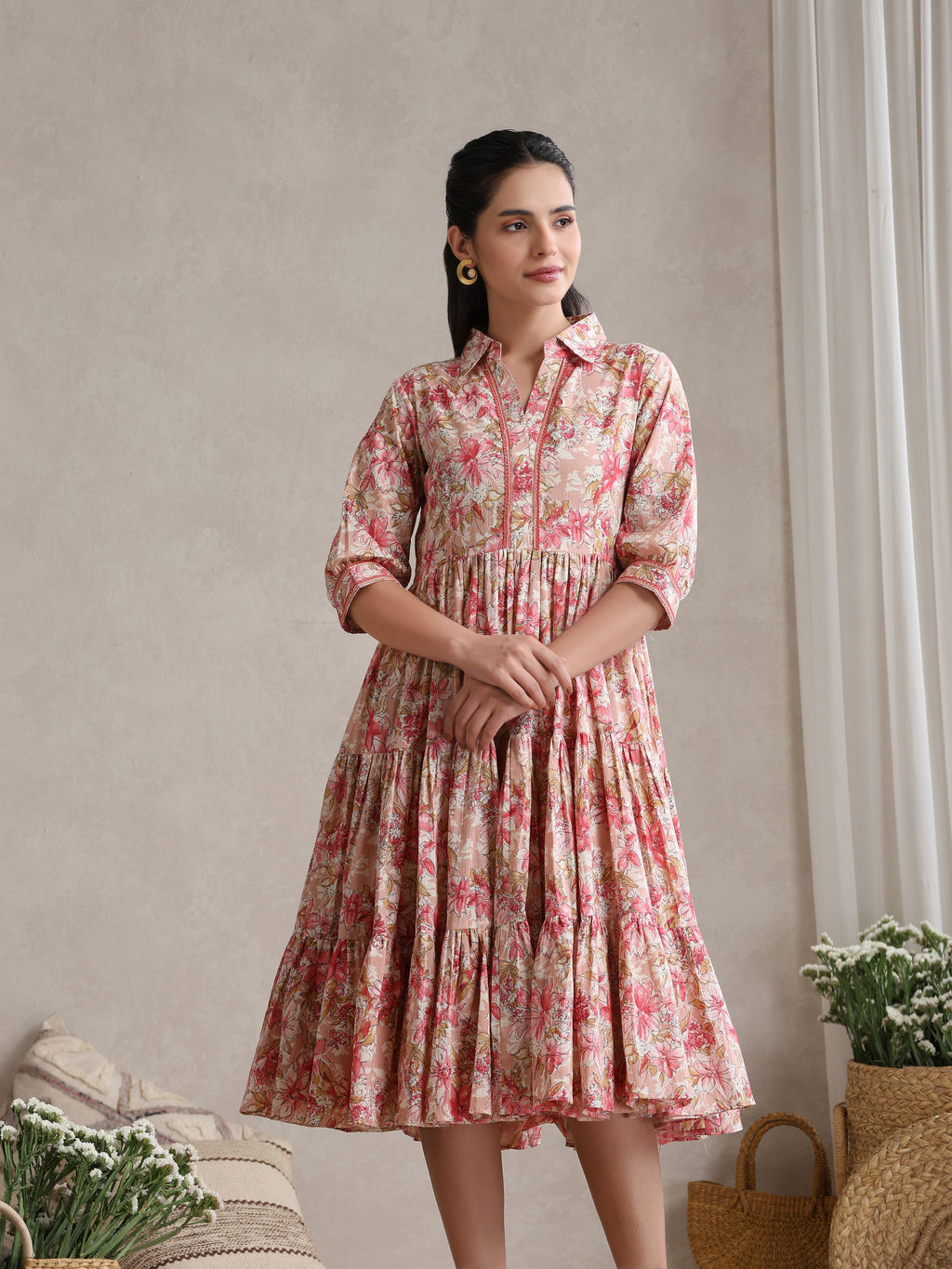 Women Floral Print Puff Sleeve A-Line Midi Dress
