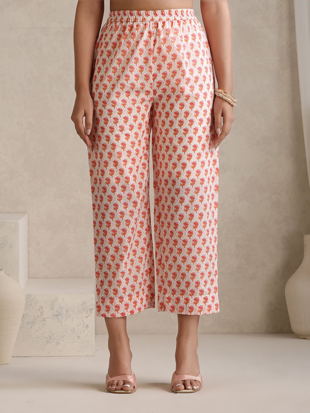 Floral Printed Mandarin Collar Pure Cotton Anarkali Kurta & Palazzos & Dupatta