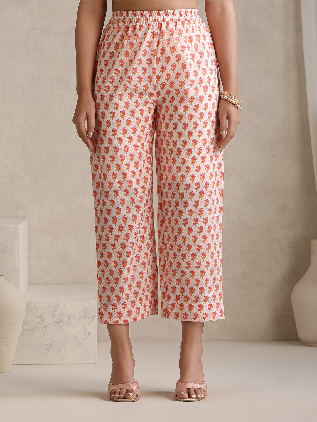 Floral Printed Mandarin Collar Pure Cotton Anarkali Kurta & Palazzos & Dupatta