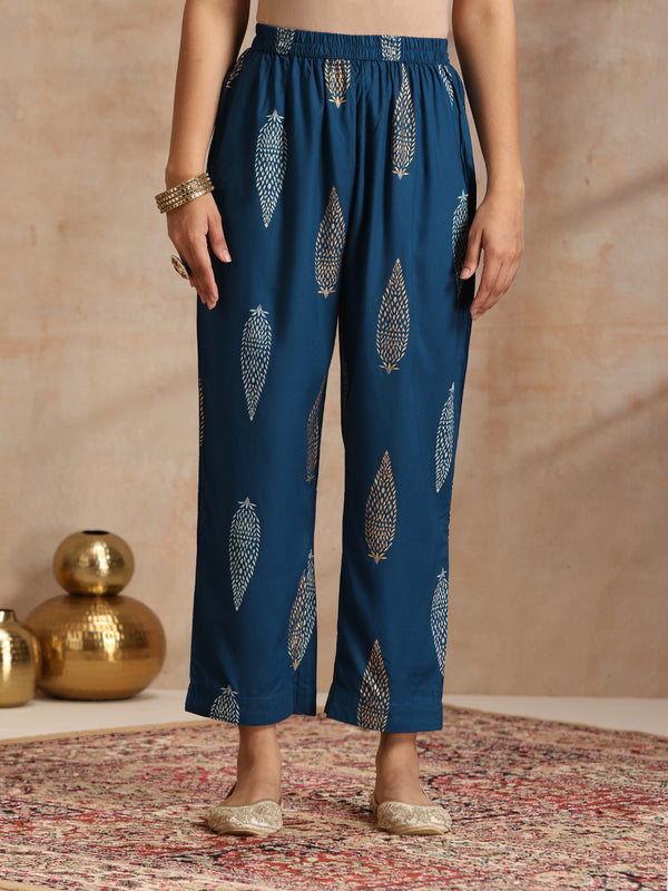 Ethnic Motifs Printed Thread Work Kurta With Trousers & Dupatta