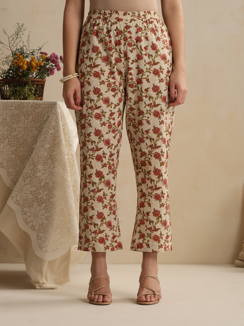 Khushal K Women Floral Cream Printed Regular Pure Cotton Kurta & Palazzo With Dupatta