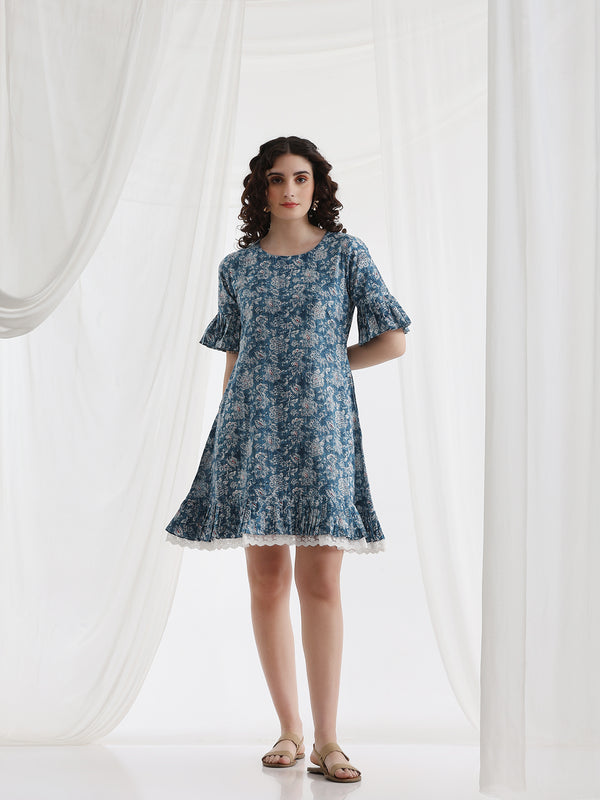 Women Floral Printed Cotton A-Line Above Knee Dress