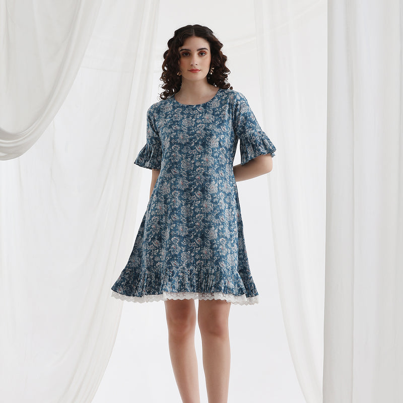 Women Floral Printed Cotton A-Line Above Knee Dress - Blue - Khushal K - Image 3