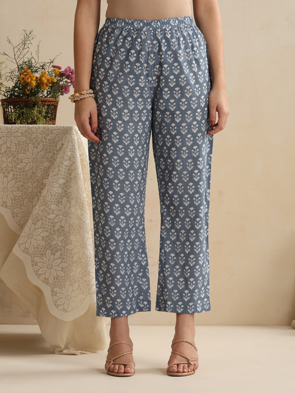 Khushal K Women Blue Floral Printed Regular Pure Cotton Kurta & Palazzo With Dupatta