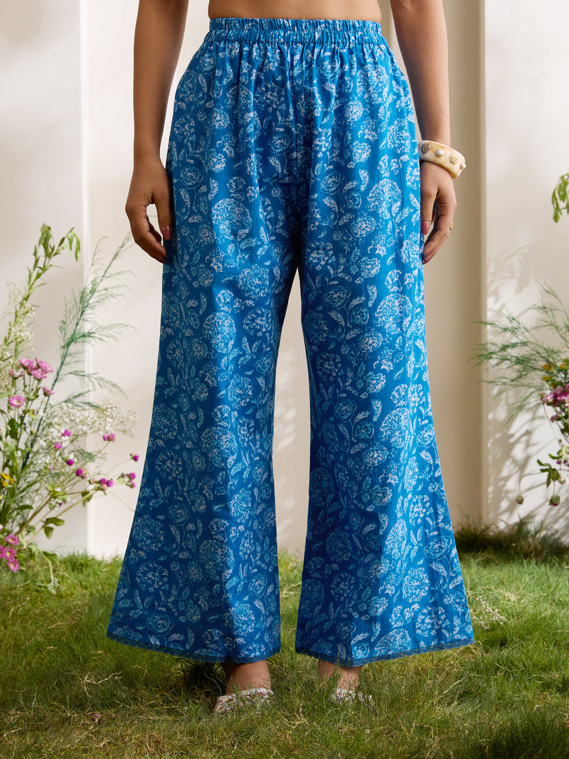 Khushal K Women Cotton Kurta And Palazzo With Dupatta Set - Blue