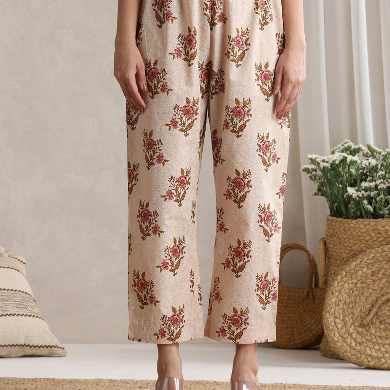 Women Cream Floral Printed Angrakha Pure Cotton Kurta with Palazzos & Dupatta - Khushal K - Image 3