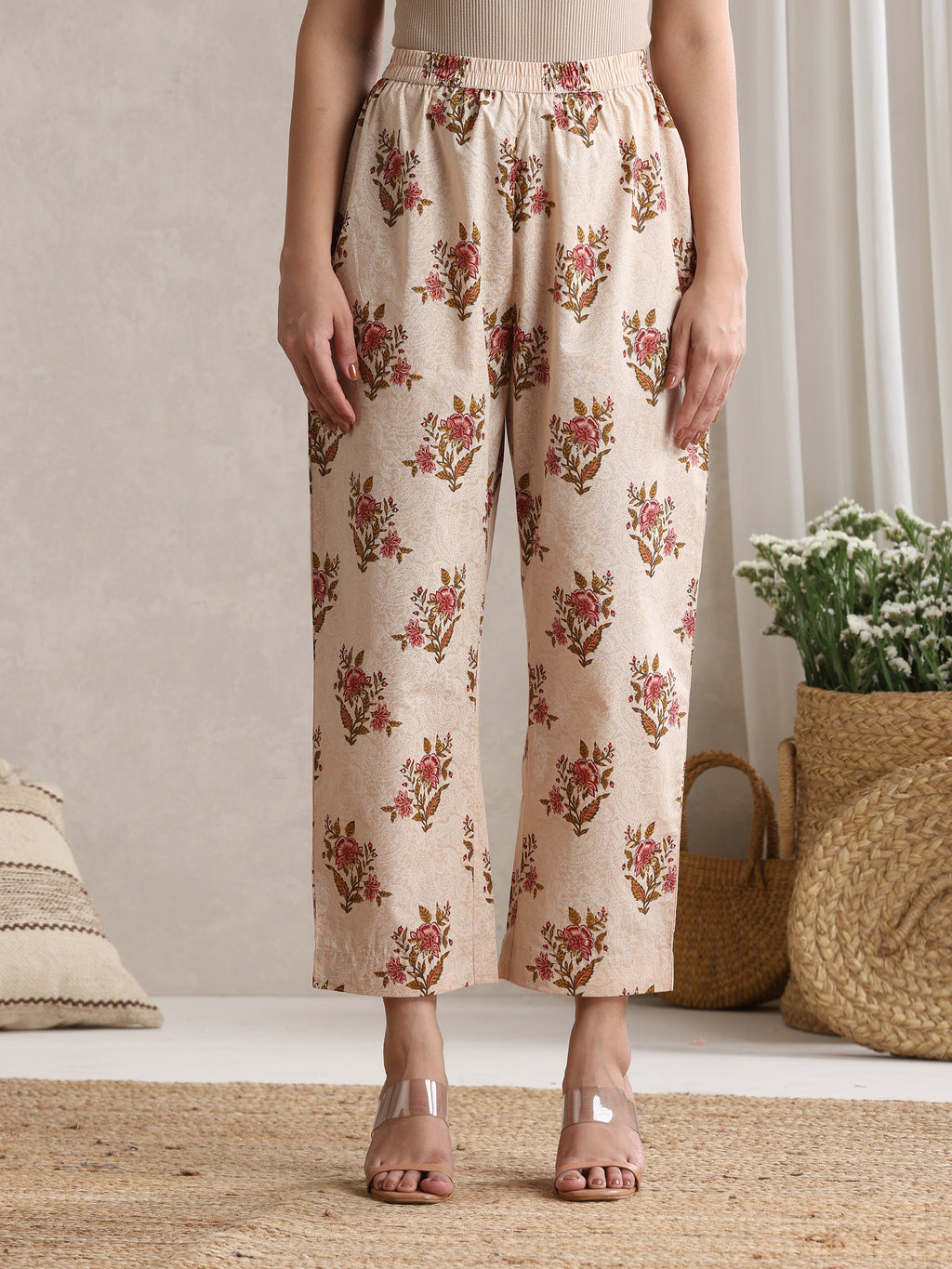 Women Cream Floral Printed Angrakha Pure Cotton Kurta with Palazzos & Dupatta