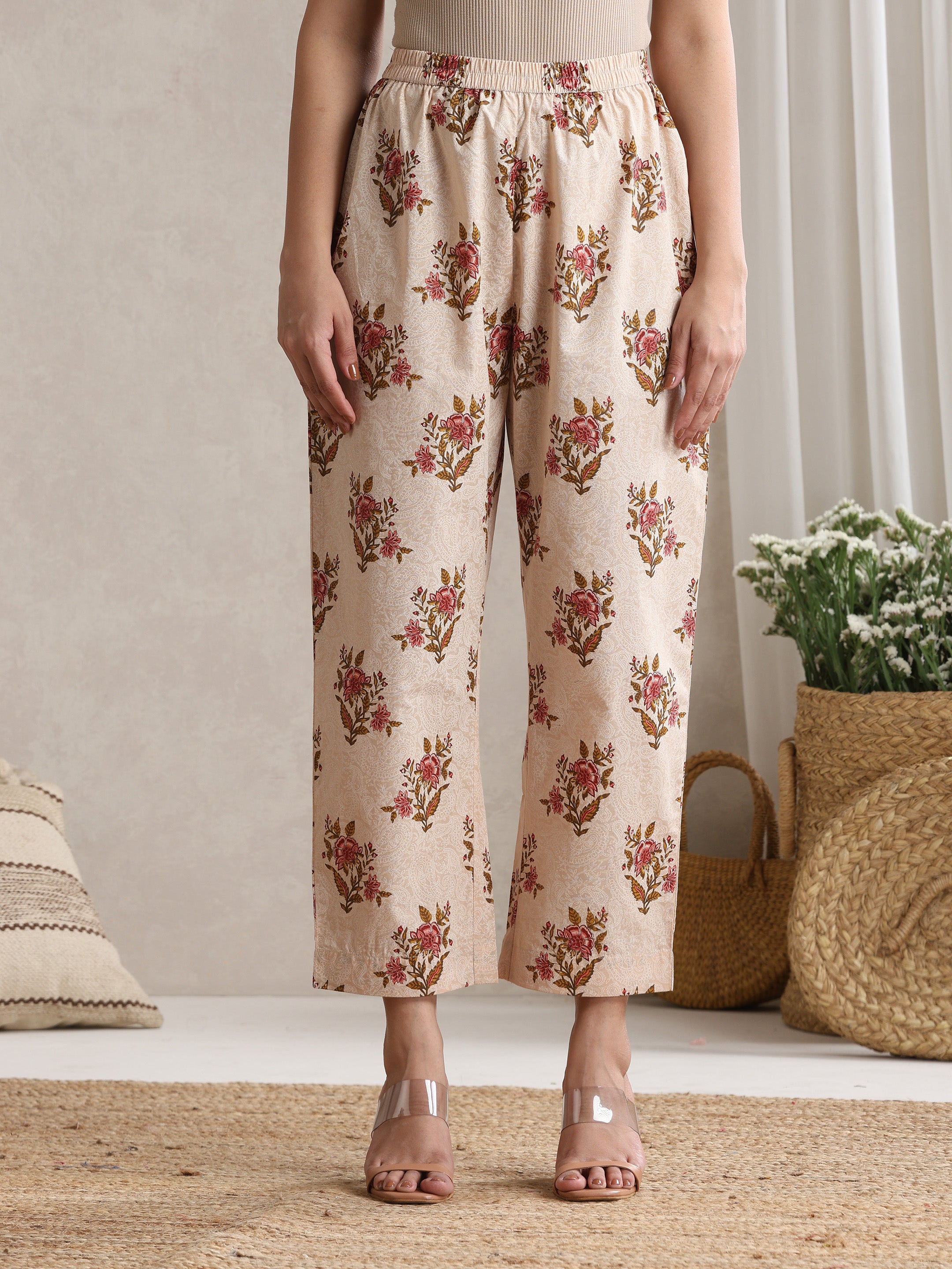 Women Cream Floral Printed Angrakha Pure Cotton Kurta with Palazzos & Dupatta