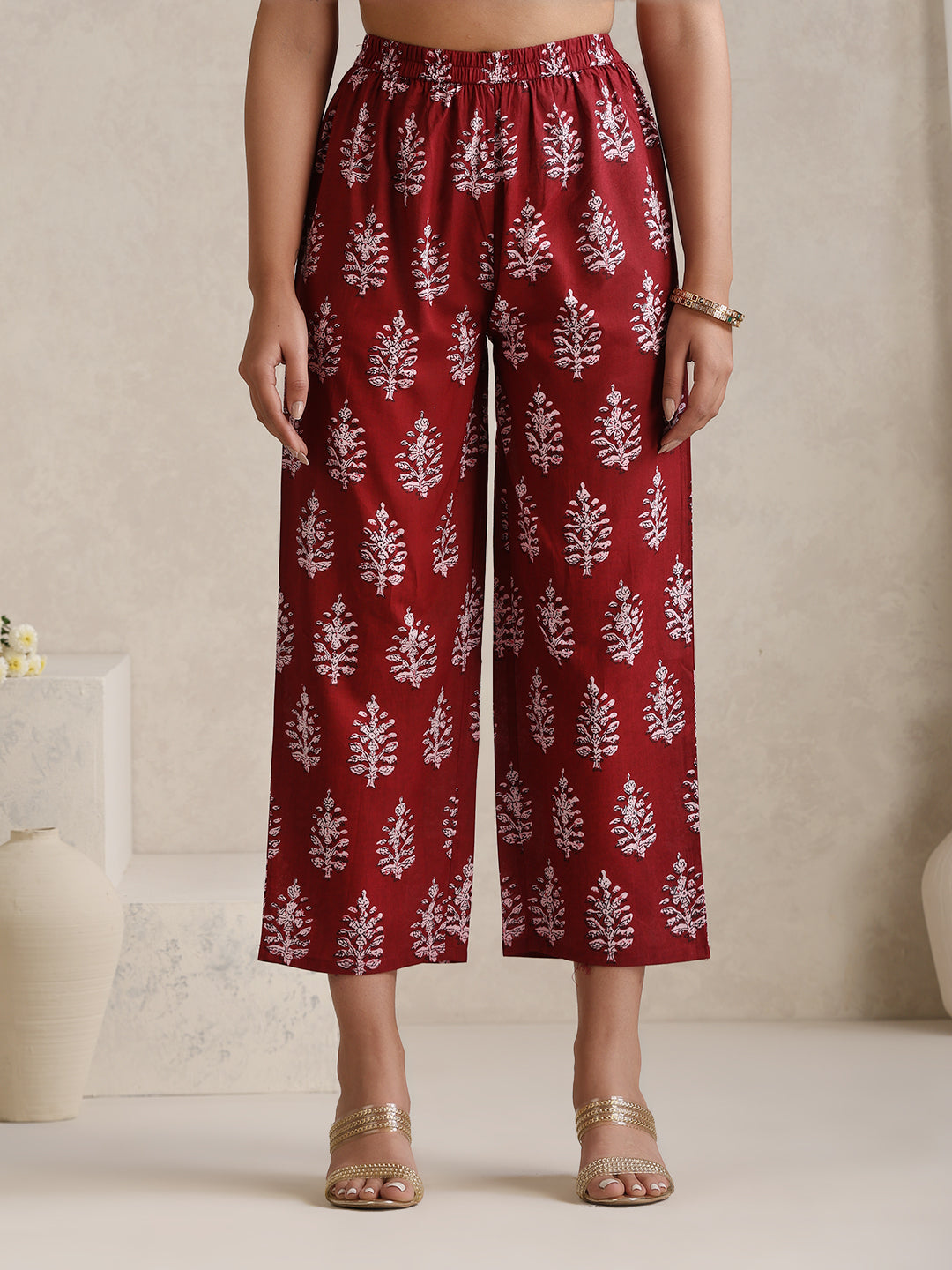 Floral Printed V-Neck A-Line Pure Cotton Kurta with Palazzos & With Dupatta