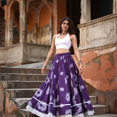 Khushal K Women's Purple Printed Cotton Flared Maxi Skirt