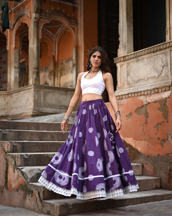 Khushal K Women's Purple Printed Cotton Flared Maxi Skirt