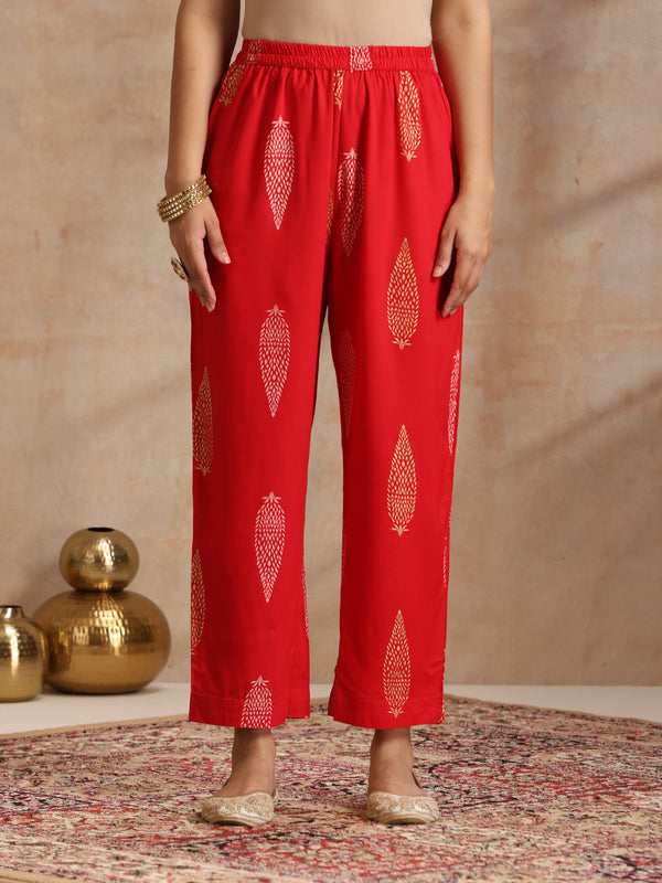 Red & Gold Printed Kurta with Trousers & Dupatta