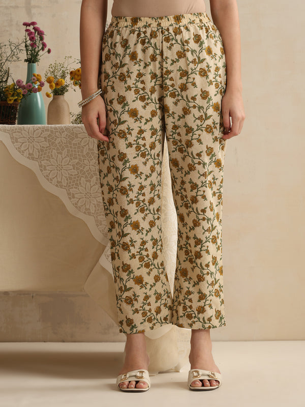 Khushal K Women Floral Printed Regular Pure Cotton Kurta & Palazzo With Dupatta Cream