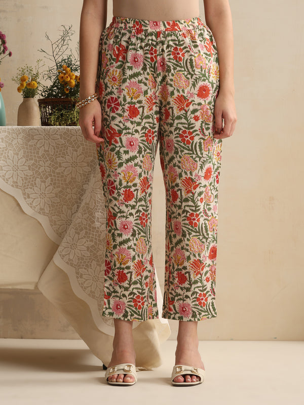 Khushal K Women Floral Printed Regular Pure Cotton White Kurta & Palazzo With Dupatta