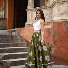 Khushal K Women's Green Printed Cotton Flared Maxi Skirt