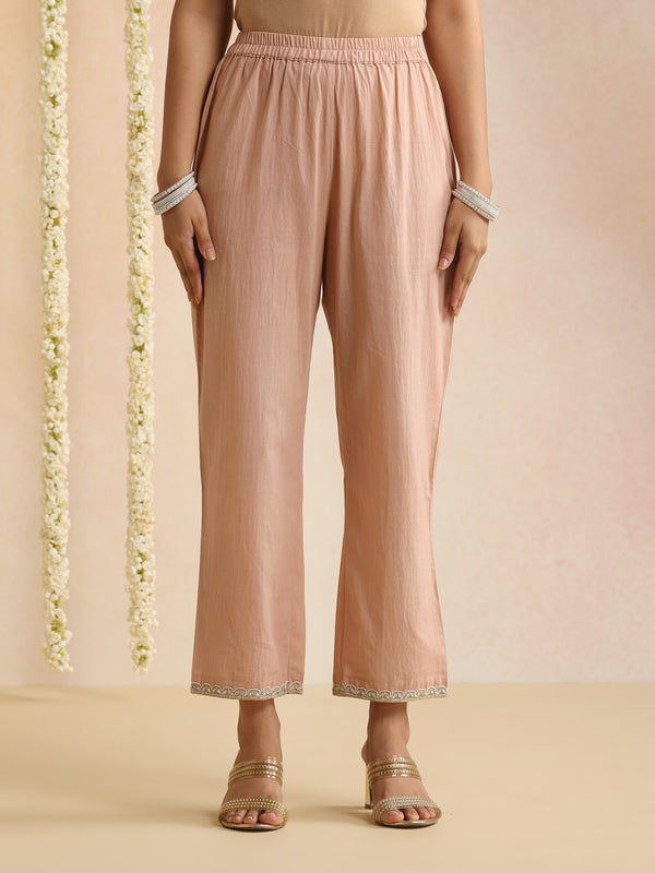 Peach Solid Kurta with Trousers & Dupatta Set