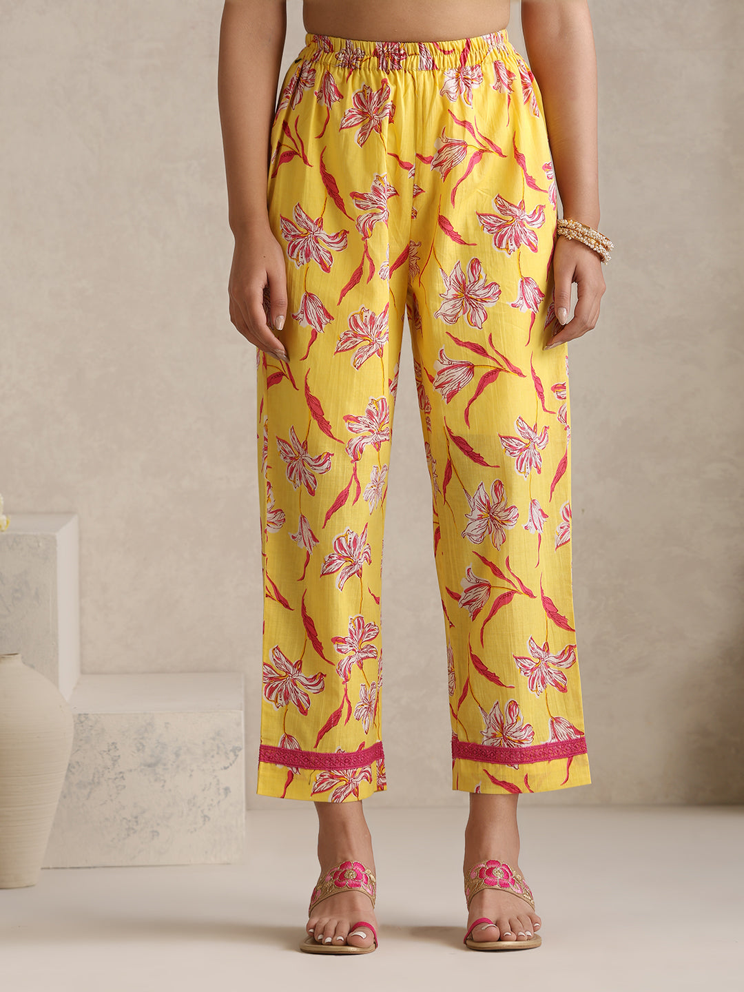 Floral Printed V-Neck Pure Cotton Straight Kurta With Palazzos And Dupatta