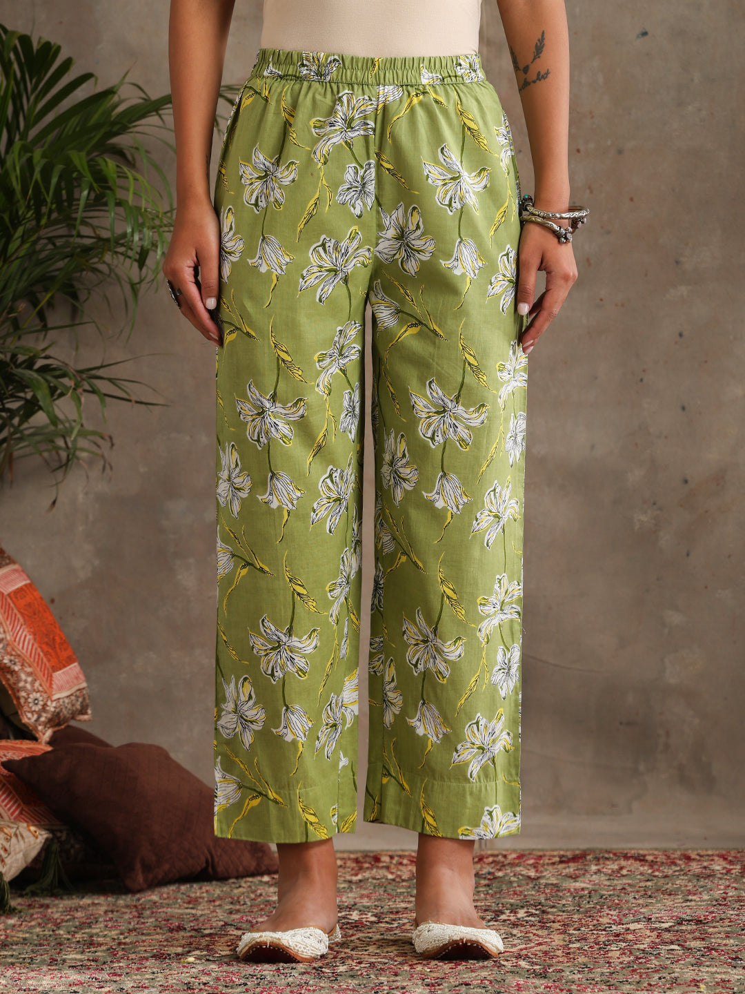 Floral Printed V-Neck Pure Cotton Straight Kurta With Palazzo & Dupatta