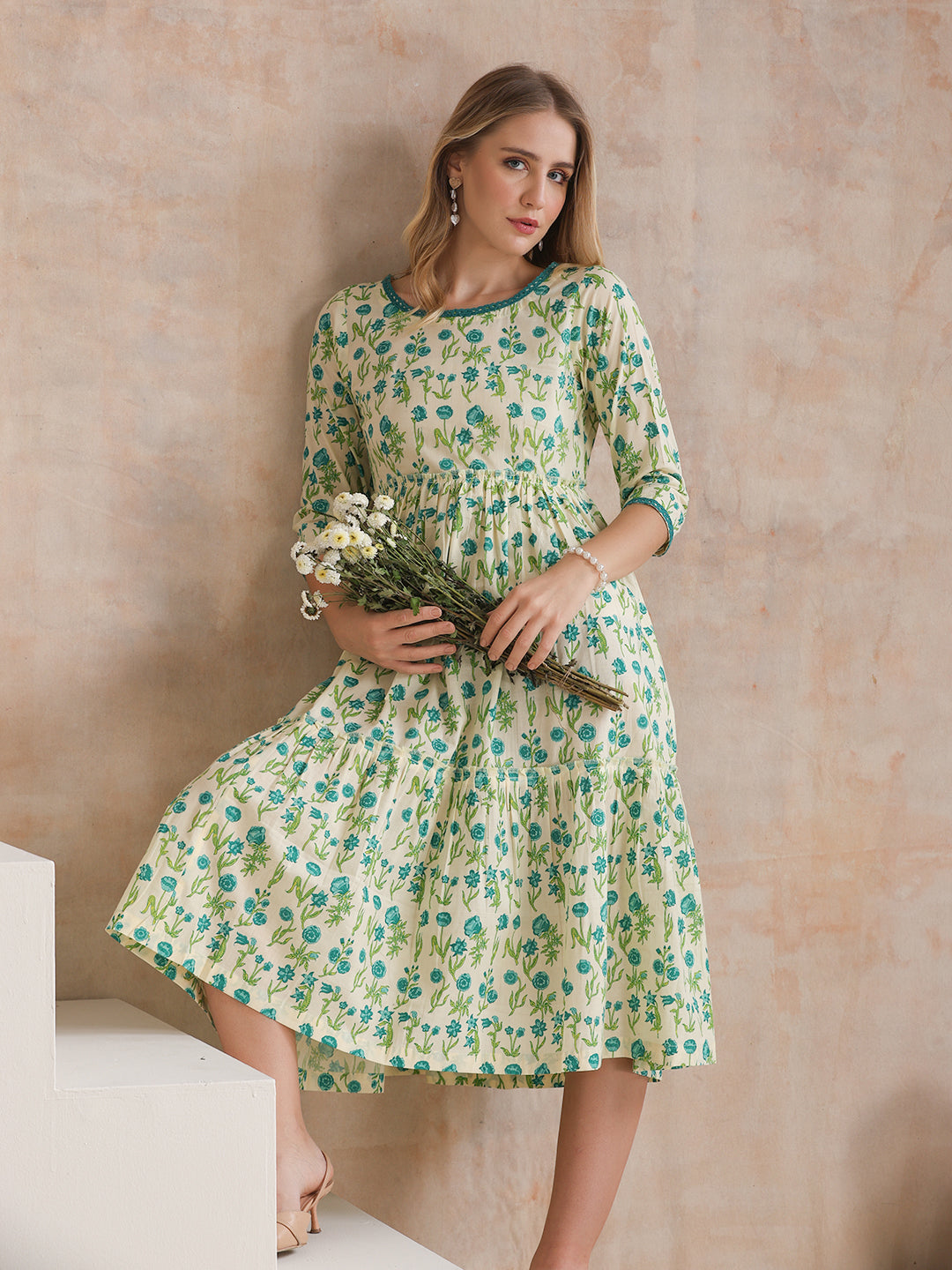 Women Floral Print Tiered Fit & Flare Midi Dress