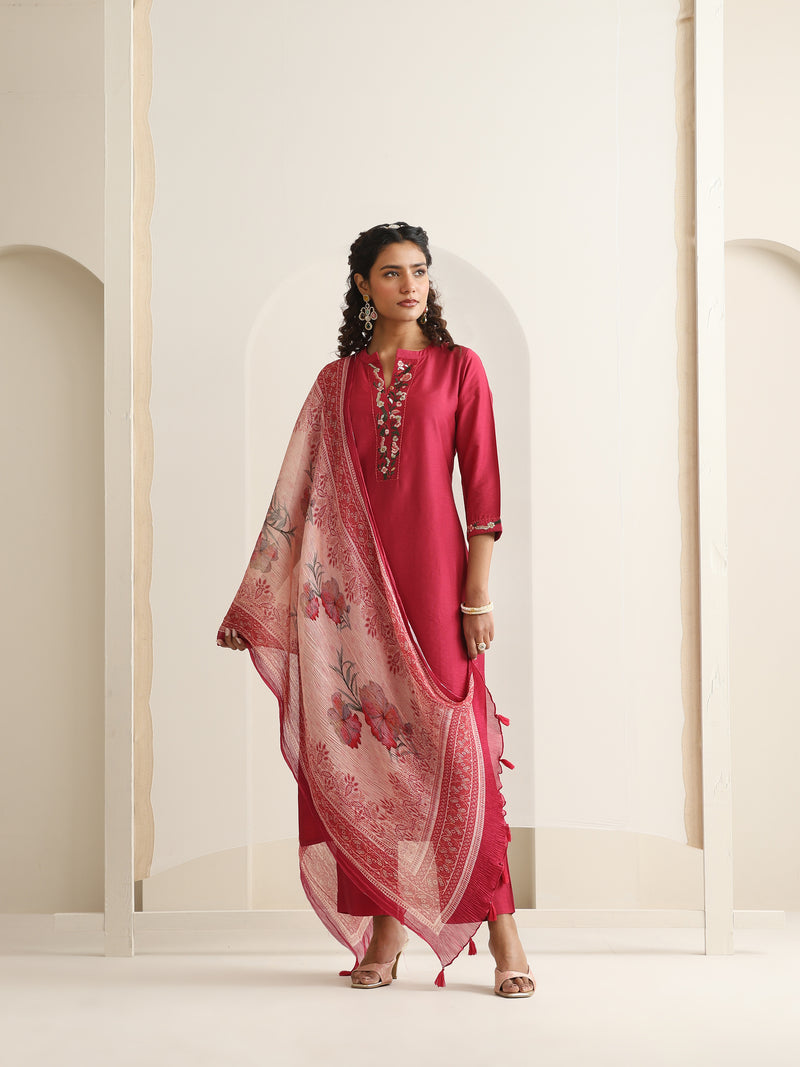 Khushal K Women Pure Silk pink Embroidered Kurta & Palazzo With Dupatta