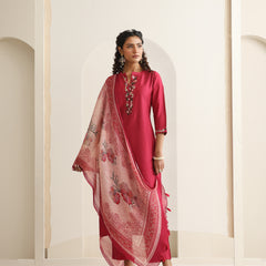 Khushal K Women Pure Silk pink Embroidered Kurta & Palazzo With Dupatta