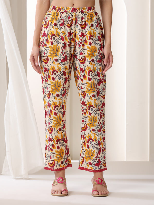 Khushal K Floral Printed V-Neck Pure Cotton Straight Kurta set