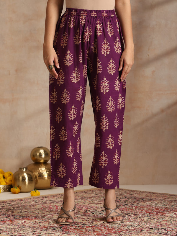 Purple, maroon & gold-toned printed kurta with trouser & dupatta