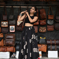 Khushal K Women's Black Printed Cotton Flared Maxi Skirt