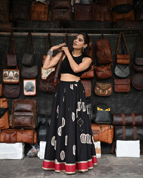 Khushal K Women's Black Printed Cotton Flared Maxi Skirt
