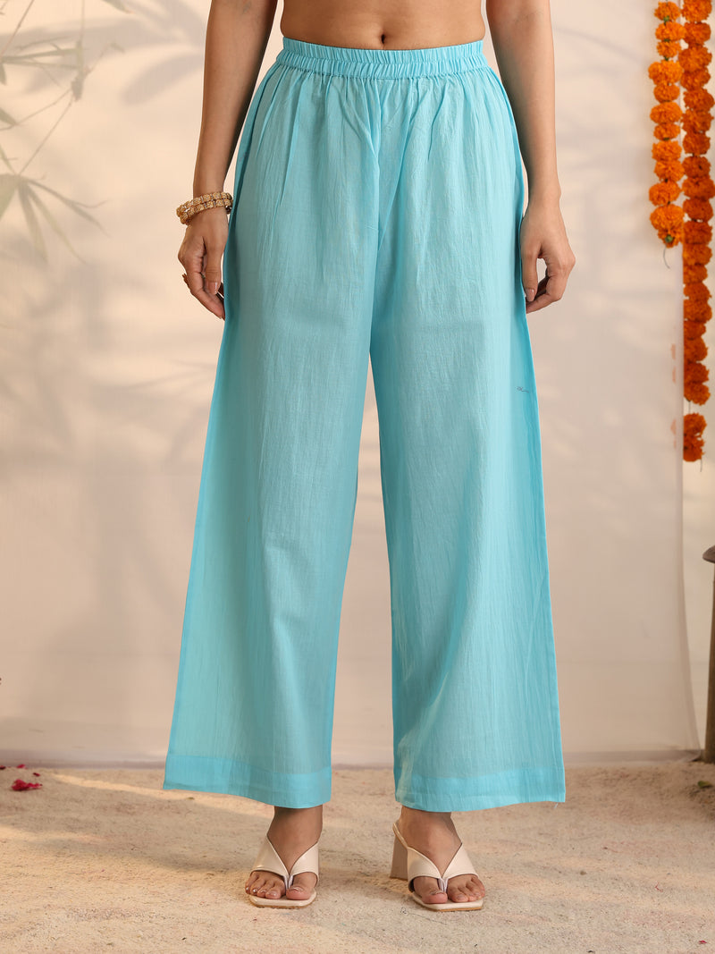 Khushal K Women Cotton Kurta and Palazzo With Dupatta Set - Turquoise Blue