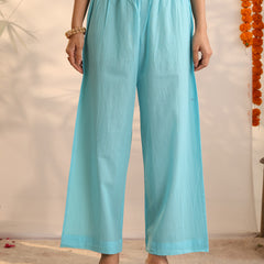 Khushal K Women Cotton Kurta and Palazzo With Dupatta Set - Turquoise Blue