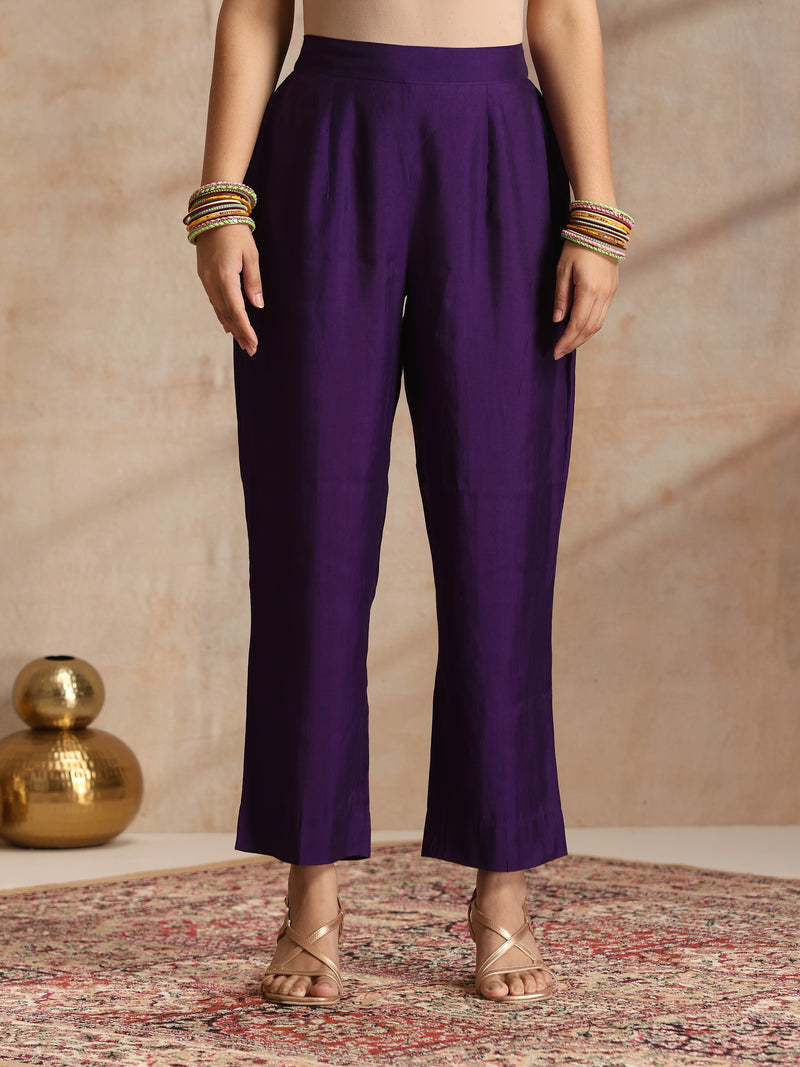 Khushal K Women Pure Silk purple Embroidered Kurta & Palazzo With Dupatta