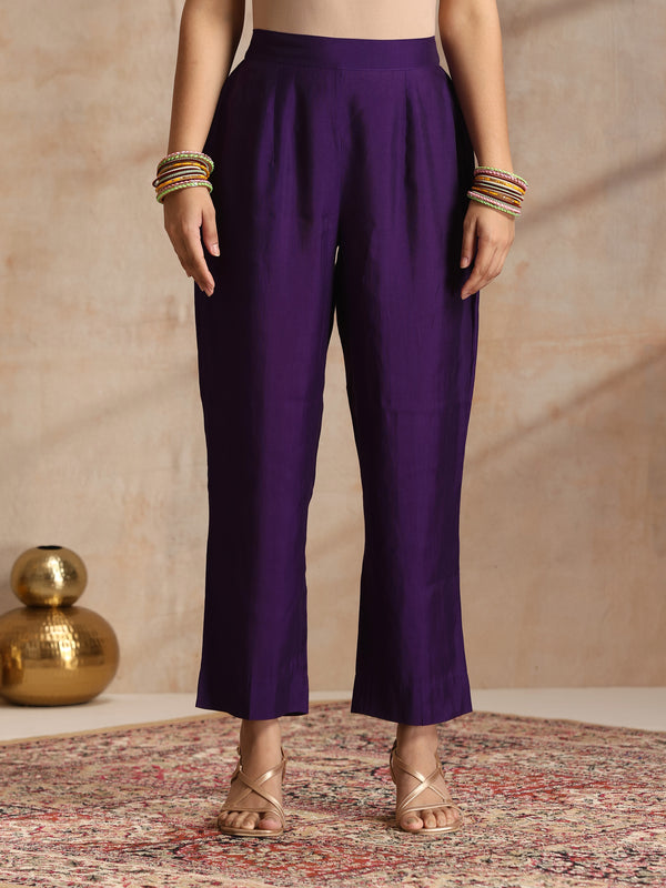 Khushal K Women Pure Silk purple Embroidered Kurta & Palazzo With Dupatta
