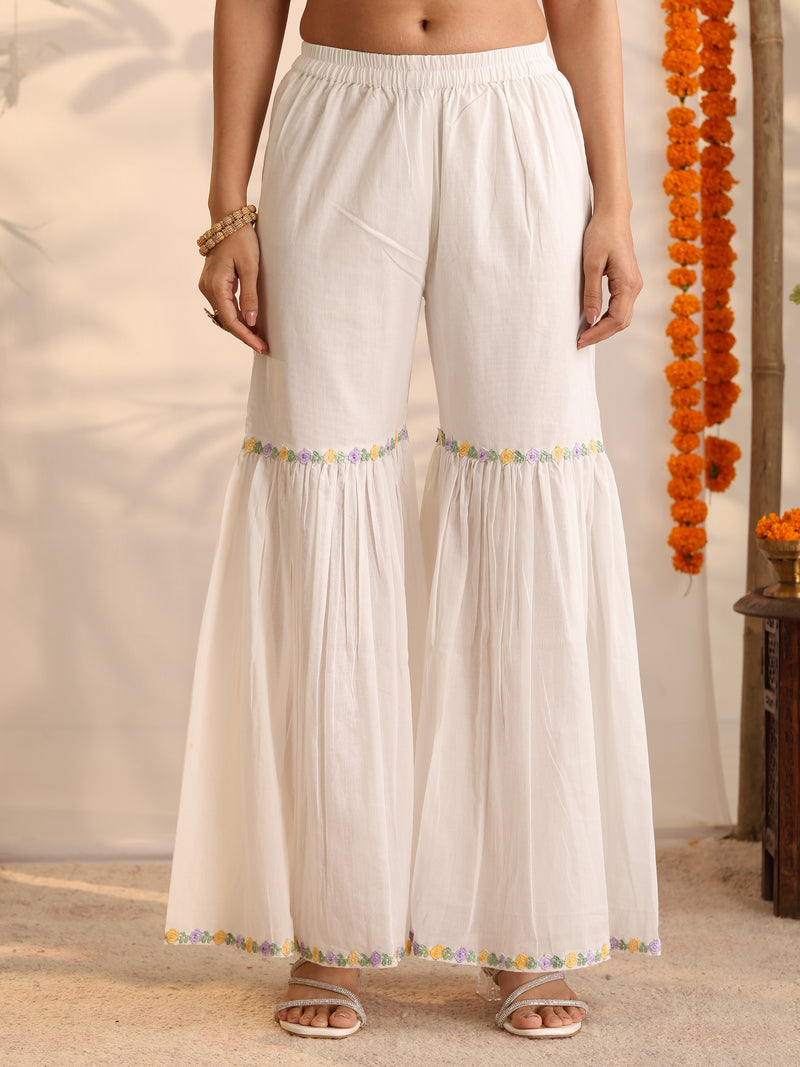 Khushal K Women Cotton Kurta and Sharara With Dupatta Set - White