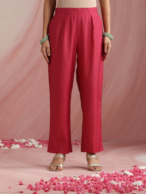 Khushal K Women Pure Silk pink Embroidered Kurta & Palazzo With Dupatta