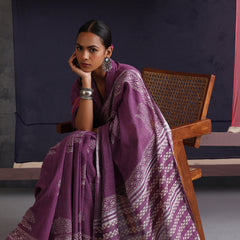 Women Hand Block Purple Cotton Linen Printed Saree
