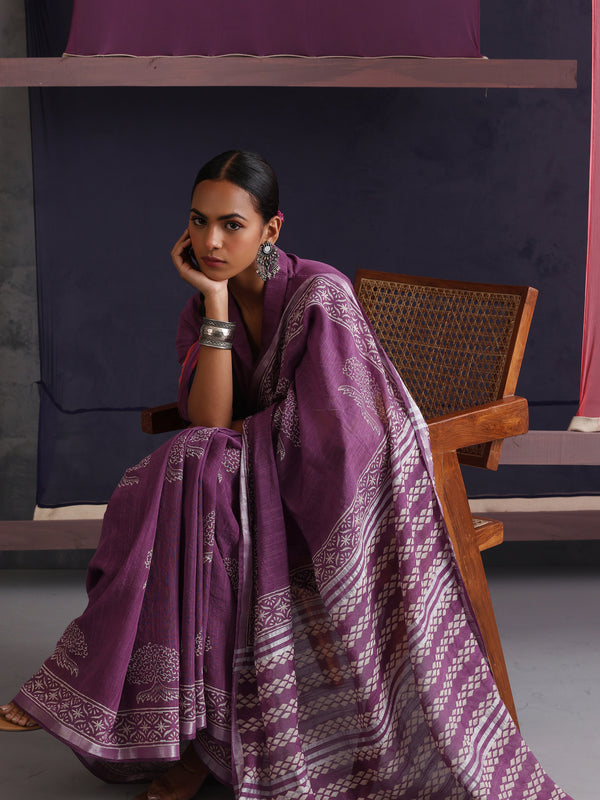Women Hand Block Purple Cotton Linen Printed Saree