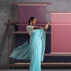 Women Cotton Torquoise Blue Linen Printed Saree