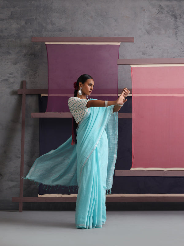 Women Cotton Torquoise Blue Linen Printed Saree