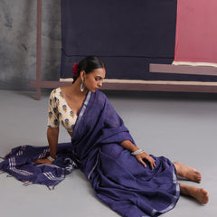 Women Cotton Blue Linen Printed Saree