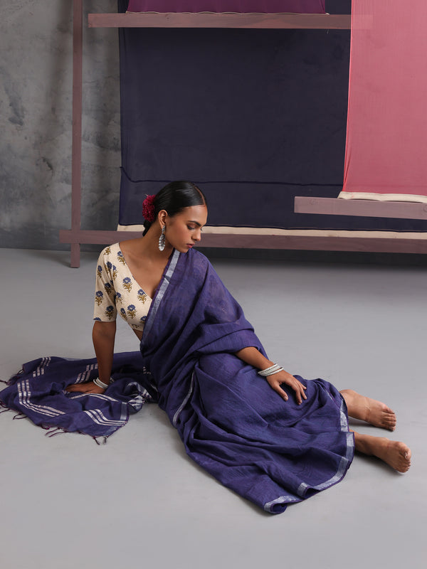 Women Cotton Blue Linen Printed Saree